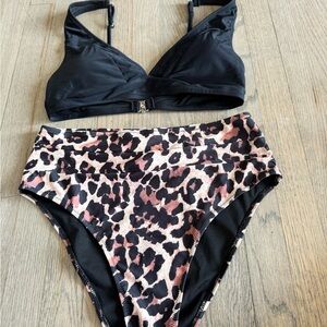 Black/cheetah print high waisted swimsuit